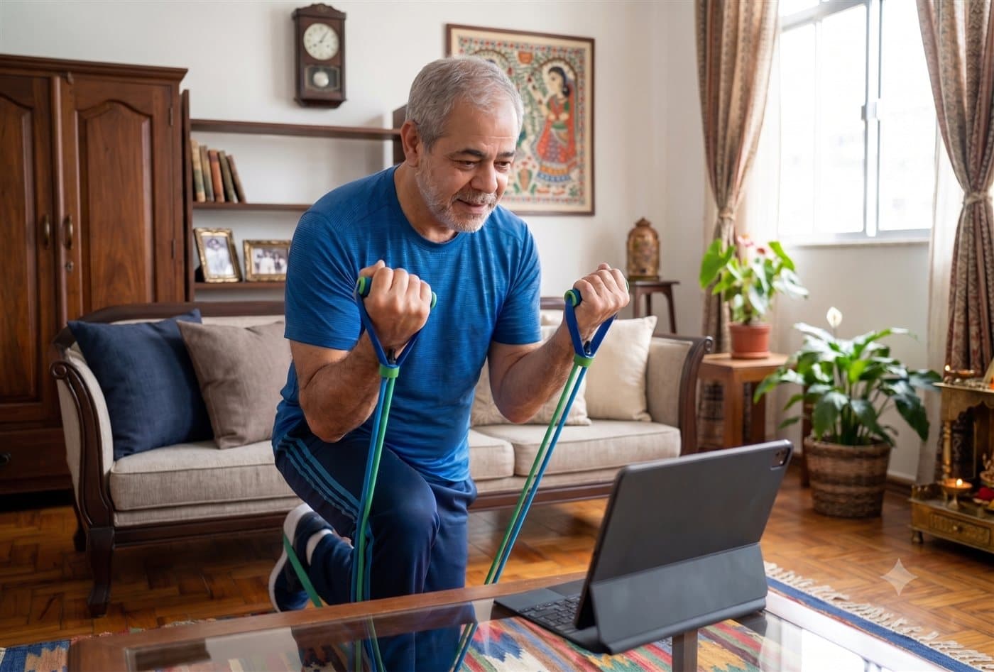 A parent following a live MoveKin session at home with resistance bands