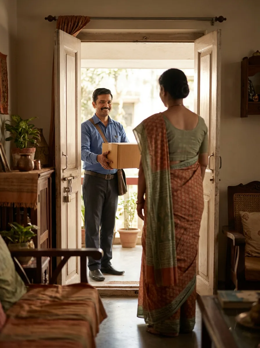 A MoveKin welcome box being handed to a parent at her front door